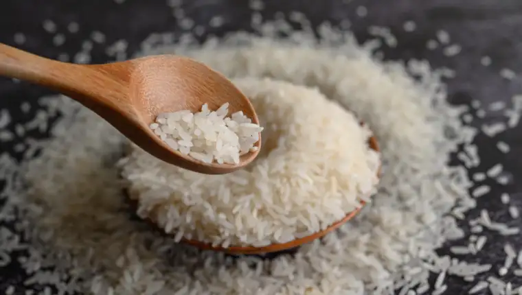 Milled rice in a bowl and a wooden spoon on the black cement flo