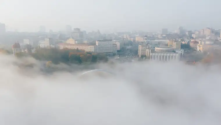 Aerial view of the city in the fog