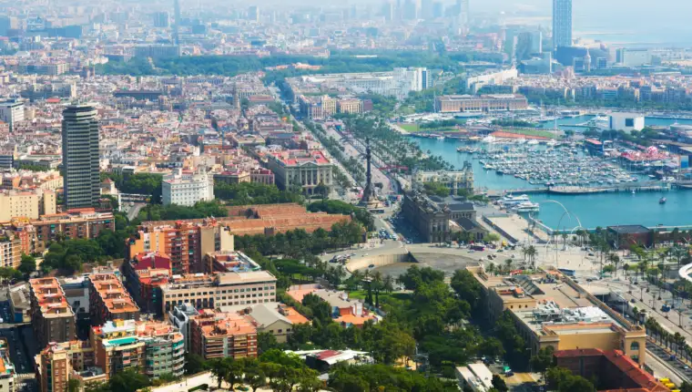 view of seaside part of Barcelona from helicopter