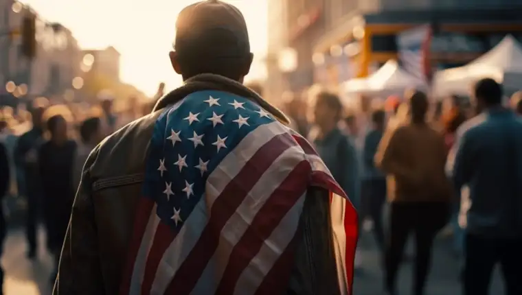 Rear view of a group of people holding the american flag. Genera