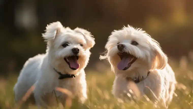 Happy pet dogs playing on grass