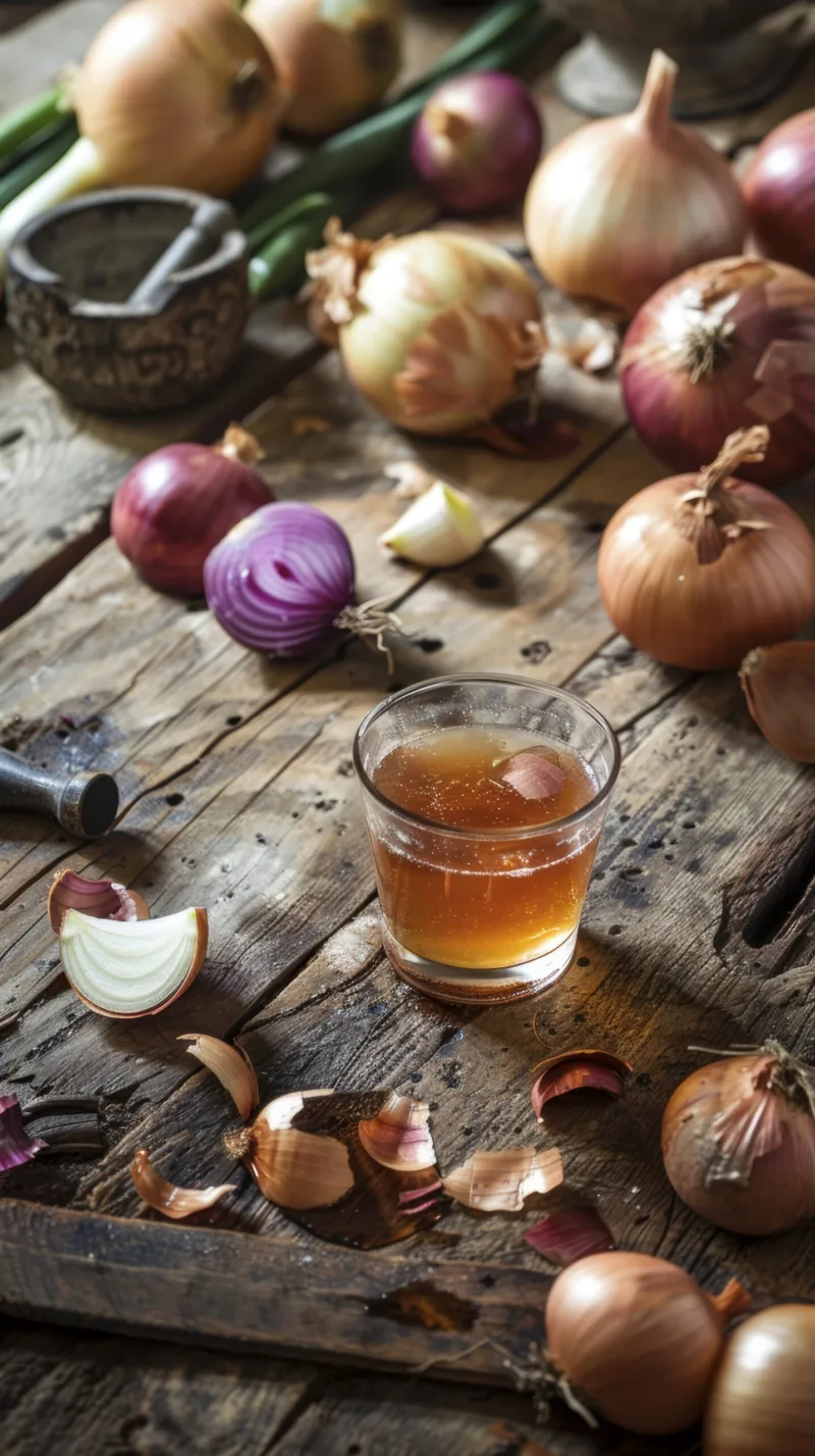 A glass filled with a rich, golden-hued onion juice is surrounded by an assortment of fresh, vibrant onions in various shapes and colors, creating a rustic, flavorful display.
