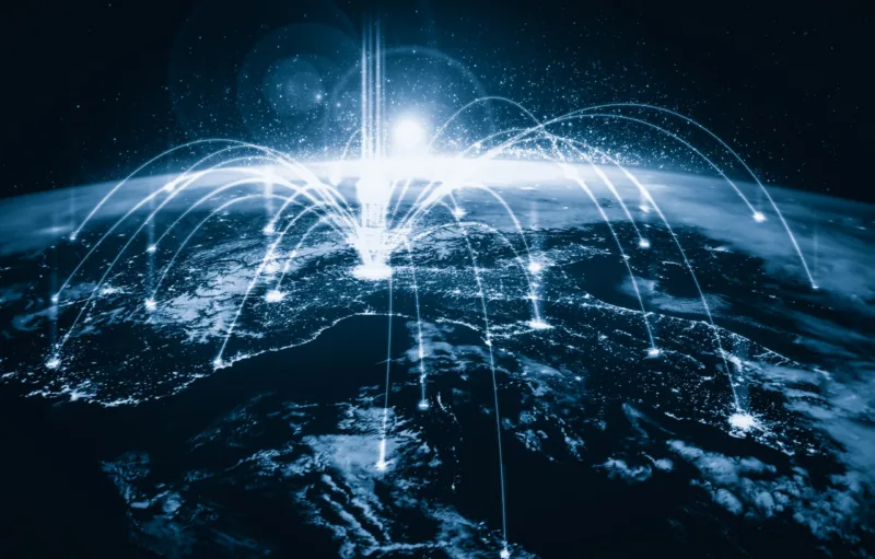 Global network connection covering the earth with lines of innovative perception
