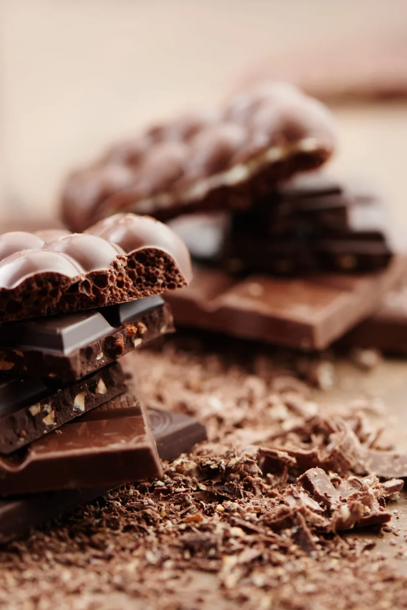 Composition of bars and pieces of different milk and dark chocolate, grated cocoa on a brown background side view close up