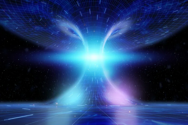 A tunnel in space connecting two points in spacetime. Concept space travel, teleportation, black hole. 3D illustration, 3D render, copy space.