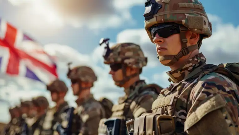Military personnel in uniform with flag background