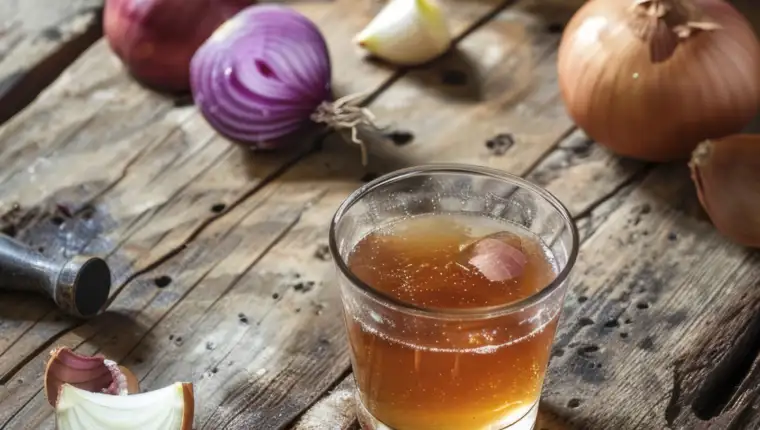 A glass filled with a rich, golden-hued onion juice is surrounded by an assortment of fresh, vibrant onions in various shapes and colors, creating a rustic, flavorful display.
