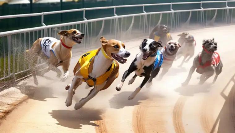 there are many dogs racing on a track with a fence. generative a