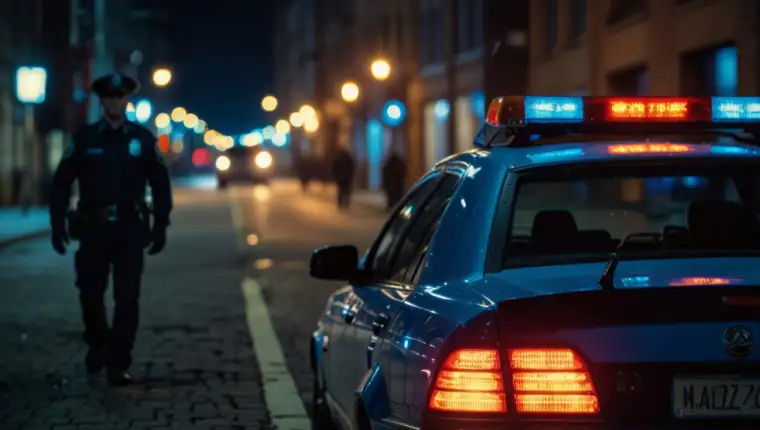 Policeman walking near patrol car with lights flashing at night