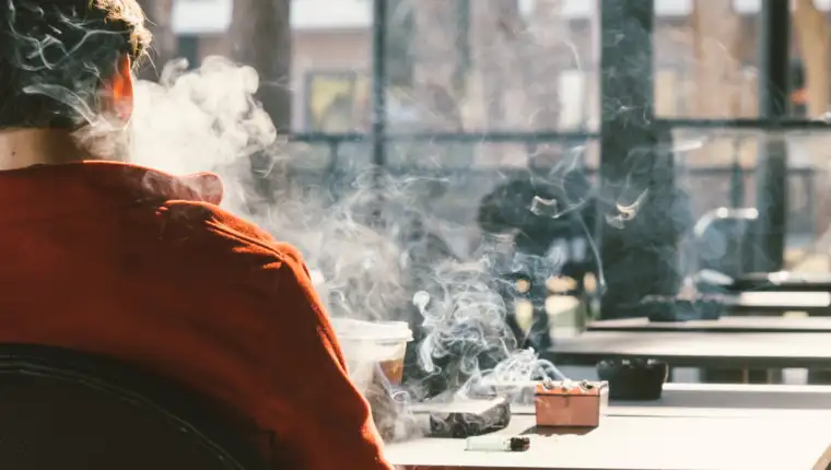 Back view of man smoking tobacco cigarette in cafe. Unhealthy lifestyle.