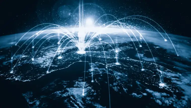 Global network connection covering the earth with lines of innovative perception