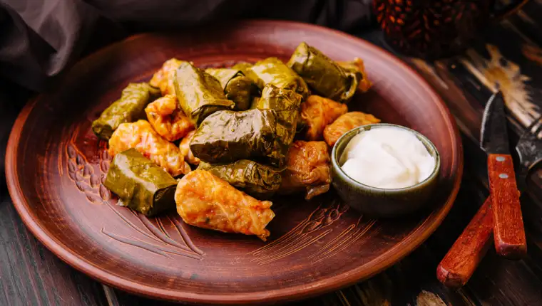 Dolma with meat, rice in grape leaves