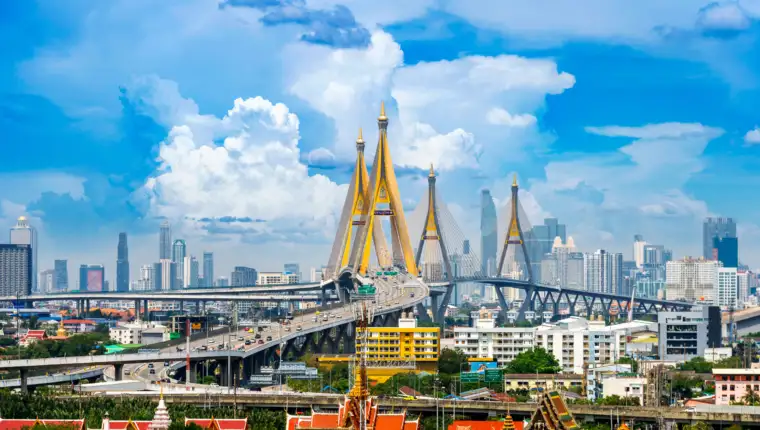 Beautiful Cityscape of Bangkok and highway bridge in Thailand.