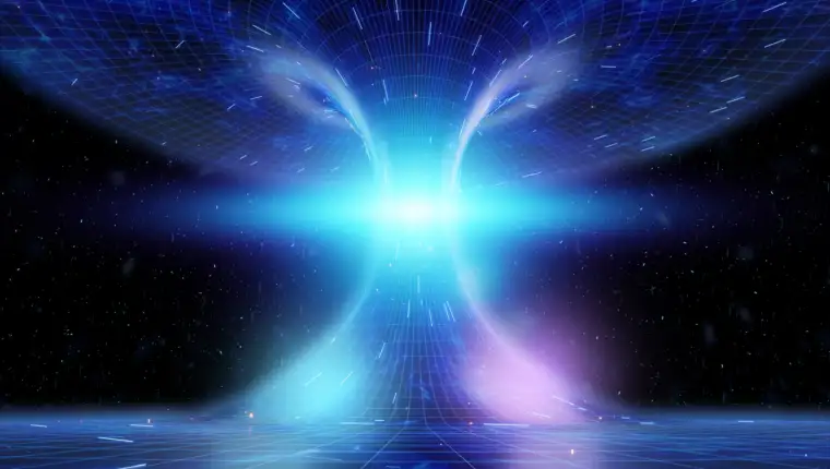 A tunnel in space connecting two points in spacetime. Concept space travel, teleportation, black hole. 3D illustration, 3D render, copy space.
