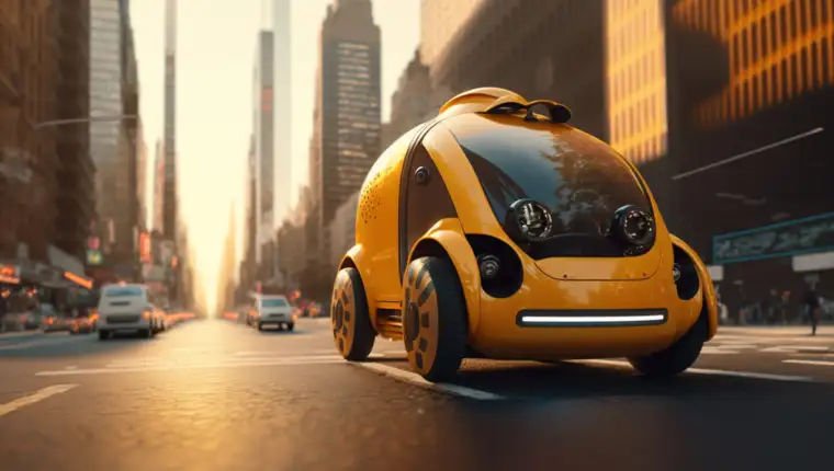 Yellow cab controlled by artificial intelligence on the road in the metropolis