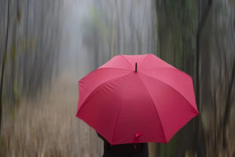 Woman walking on a path with umbrella