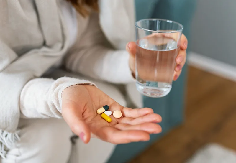 Woman,Takes,Medicines,With,Glass,Of,Water.,Daily,Norm,Of