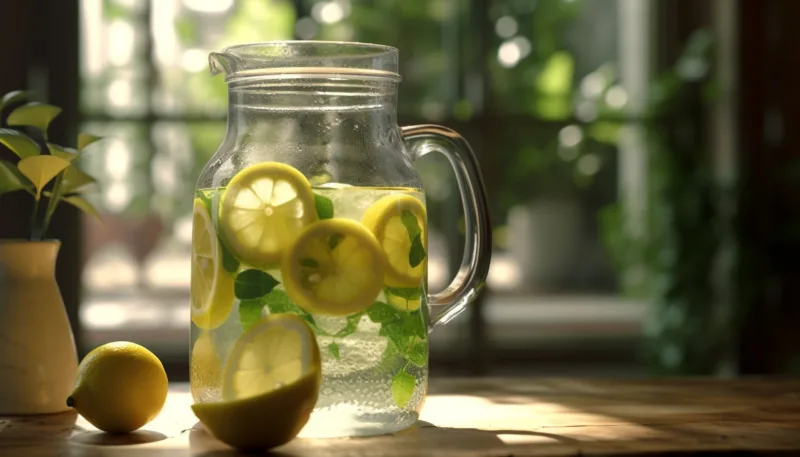 Refreshing summer drink on wooden table, citrus fruit and ice generated by AI