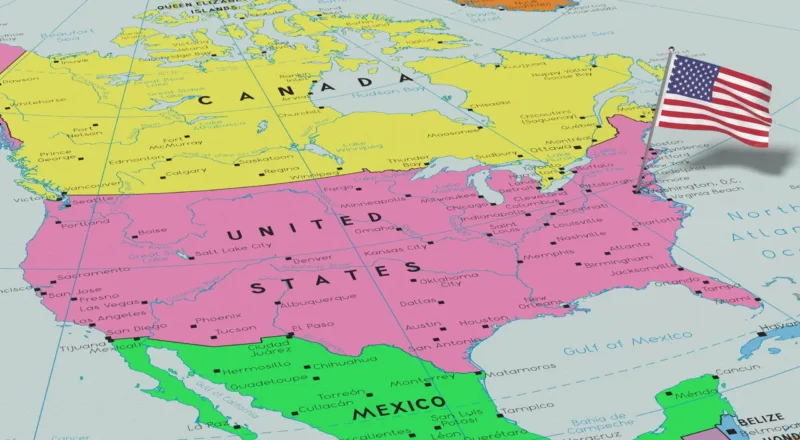 USA, Washington - national flag pinned on political map - 3D ill
