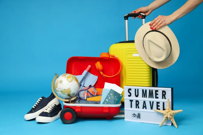 Suitcase, luggage, baggage for summer travel and vacation