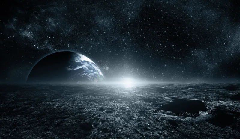 Moon surface and Earth on the horizon. Space art fantasy blue co