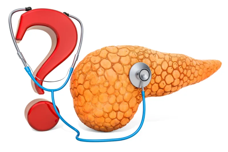 Human pancreas with question mark and stethoscope. Research and
