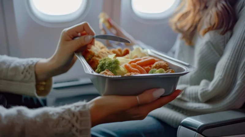A woman is holding a tray of food in her hand
