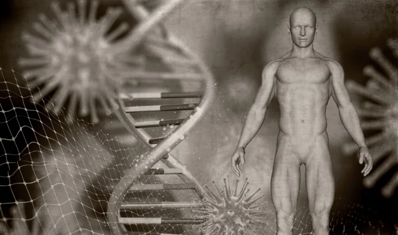 3D grunge style medical image with male figure, DNA strands and virus cells