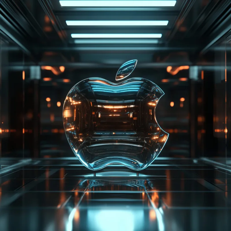 A glass apple logo in a futuristic setting with orange and blue lighting.