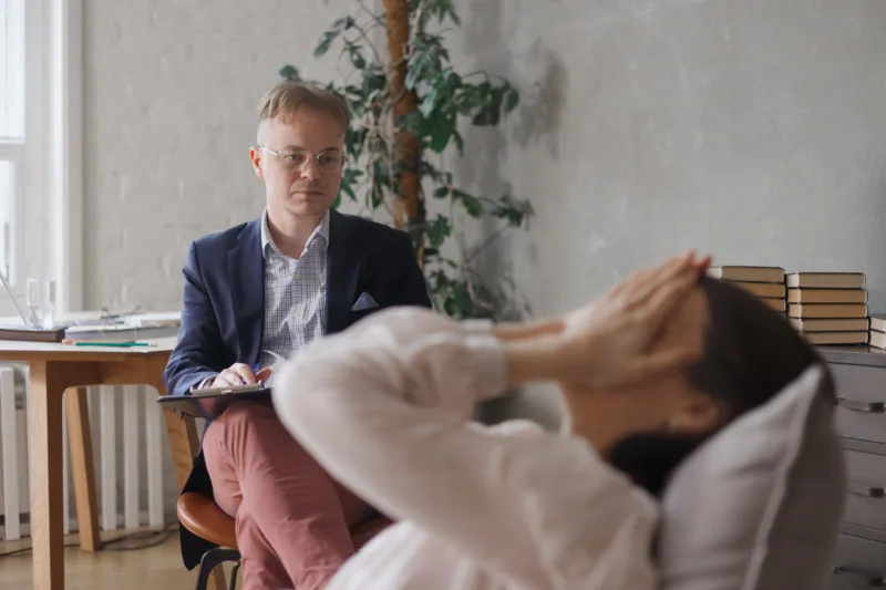 session with psychotherapist, woman with depression solves mental difficulties and talks about problems