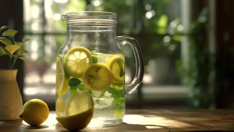 Refreshing summer drink on wooden table, citrus fruit and ice generated by AI