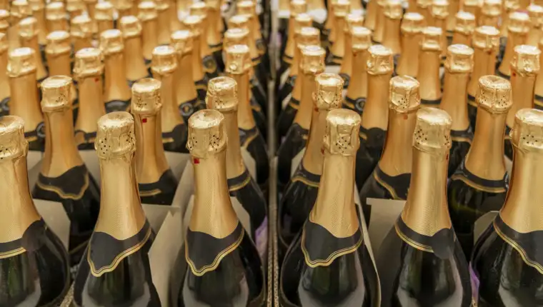bottle of champagne and lots of rows of bottles with Golden caps. preparation for a holiday or celebration, purchase of alcoholic beverages.