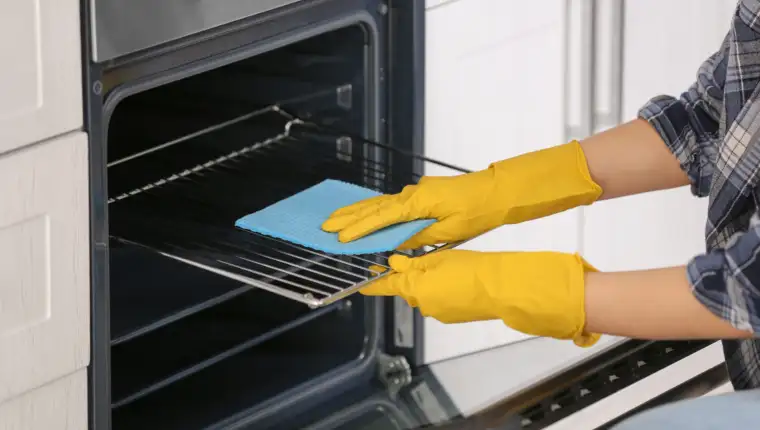 Woman cleaning oven in kitchen, closeup