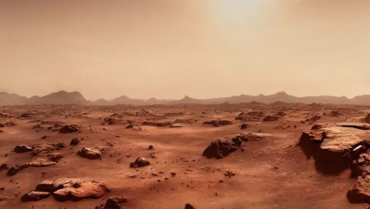 Martian landscape. Rocky Martian desert. 3d rendering