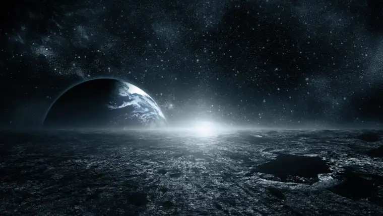 Moon surface and Earth on the horizon. Space art fantasy blue co