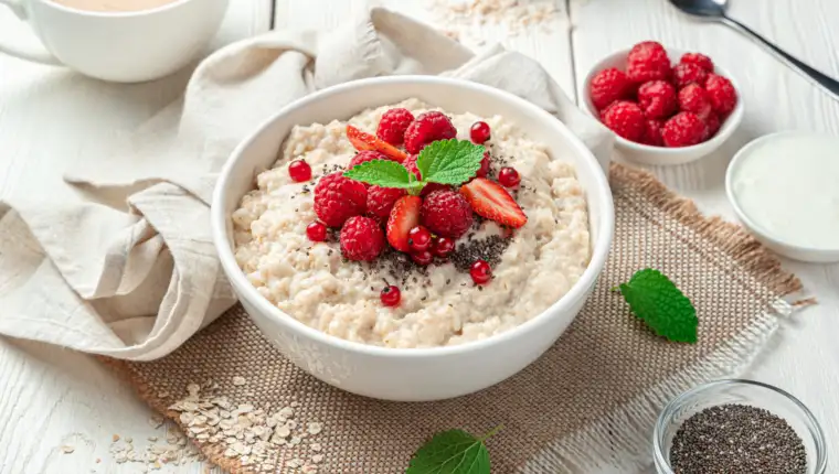 Oatmeal porridge with raspberries, strawberries, red currants and chia seeds on a light background.