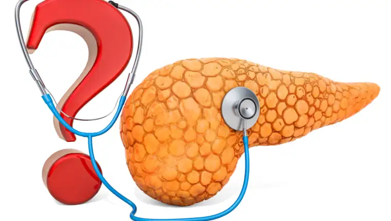 Human pancreas with question mark and stethoscope. Research and