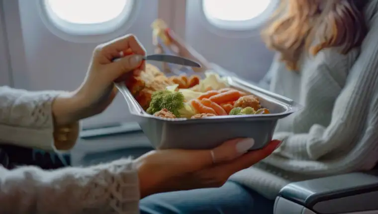 A woman is holding a tray of food in her hand