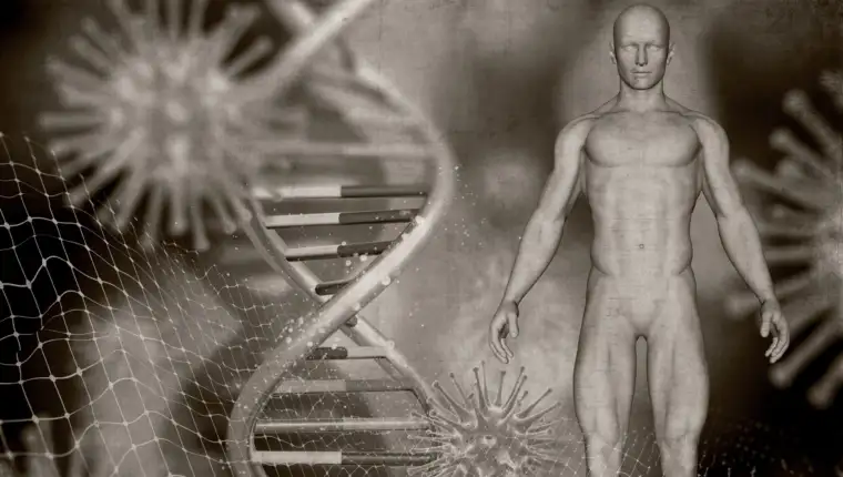 3D grunge style medical image with male figure, DNA strands and virus cells