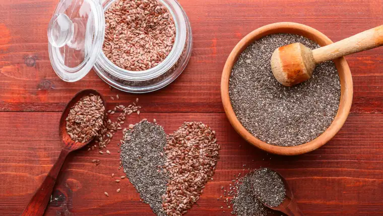 chia and flax on a wooden background. concept of healthy food