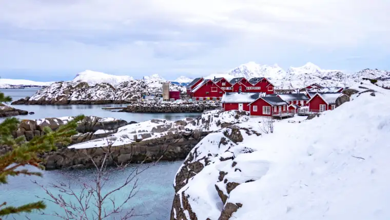 landscape photography. Cloudy winter view of Nusfjord town, Norw