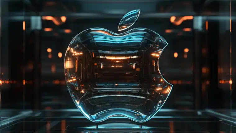 A glass apple logo in a futuristic setting with orange and blue lighting.