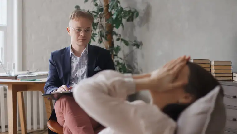 session with psychotherapist, woman with depression solves mental difficulties and talks about problems