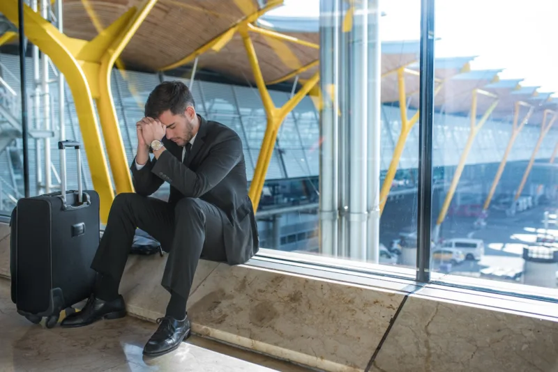young businessman upset at the airport waiting his delayed flight with luggage