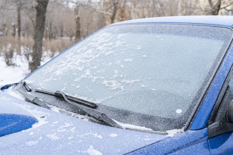 a car window glass under the frozen ice, cold winter problems concept