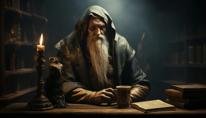 A senior man reading the Bible by candlelight generated by AI