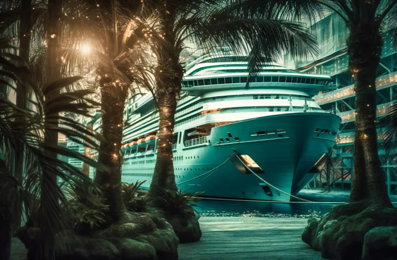 a cruise ship is docked behind two palm trees