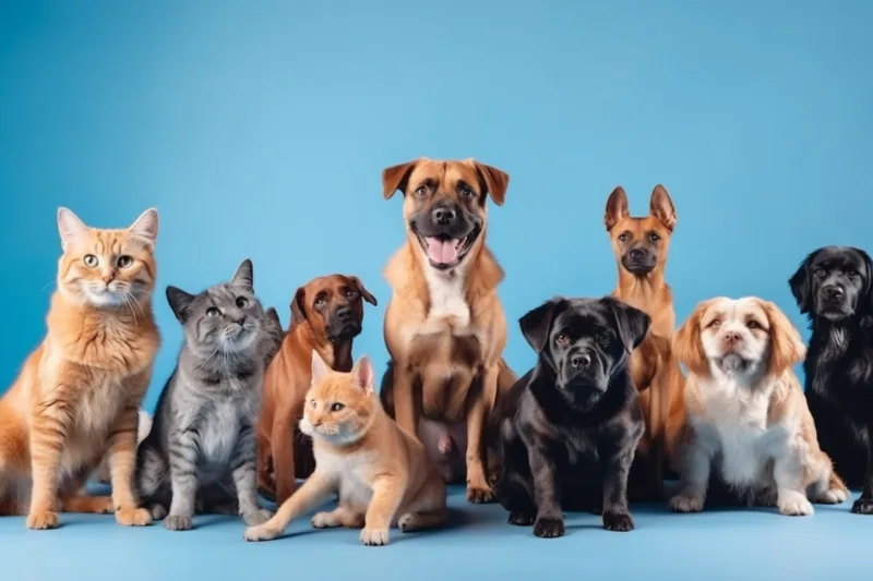 Large group of cats and dogs looking at the camera on blue background