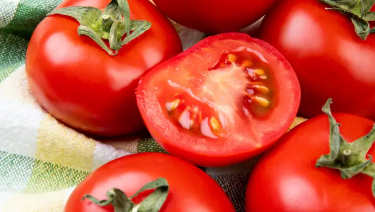side view of cut and whole tomatoes on plaid cloth background