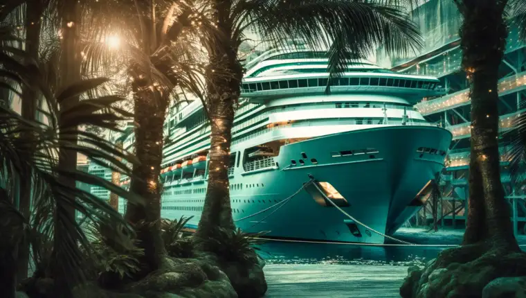 a cruise ship is docked behind two palm trees